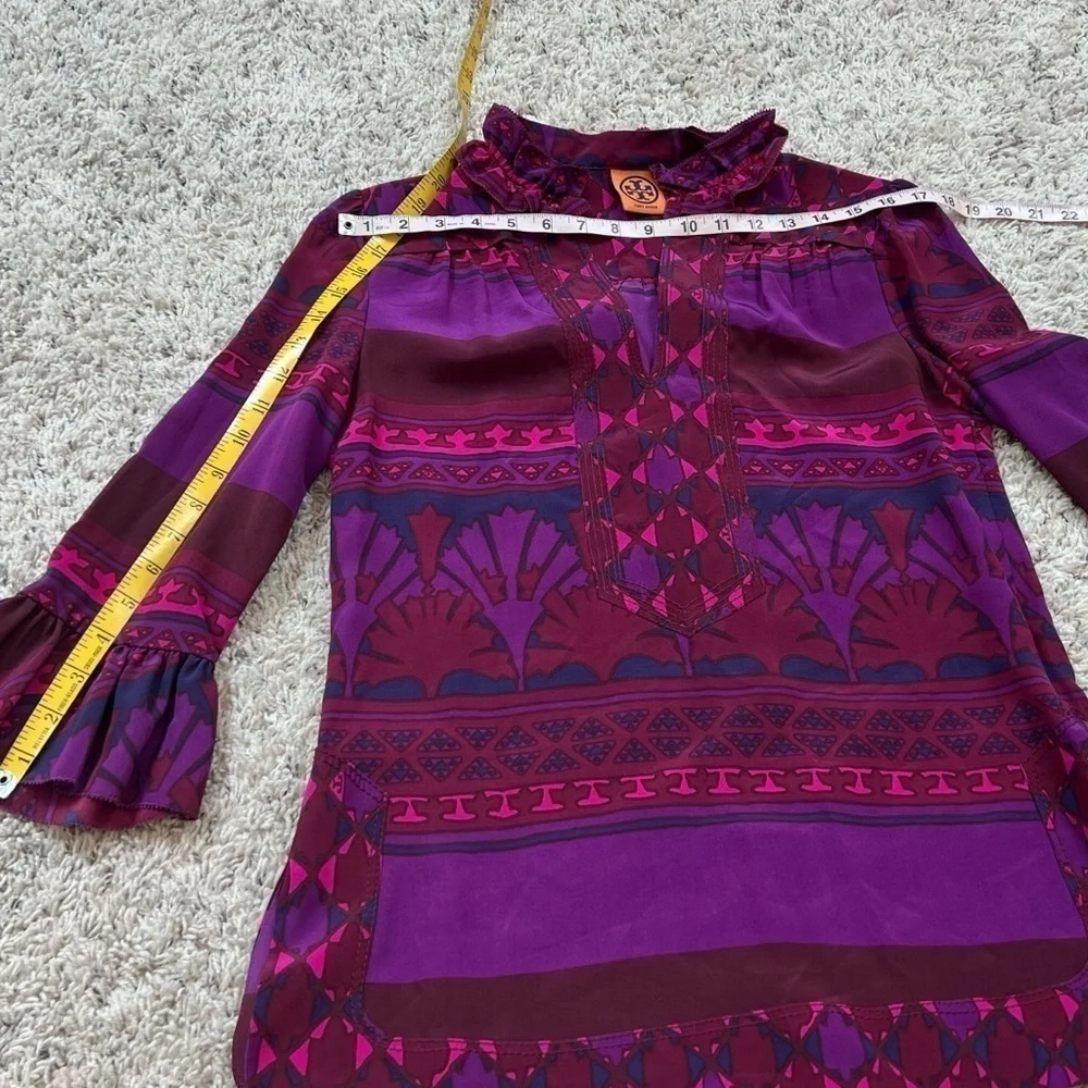Tory Burch Silk Geometric Print Ruffle High V Neck 3/4 Tunic Blouse Top Sz 4